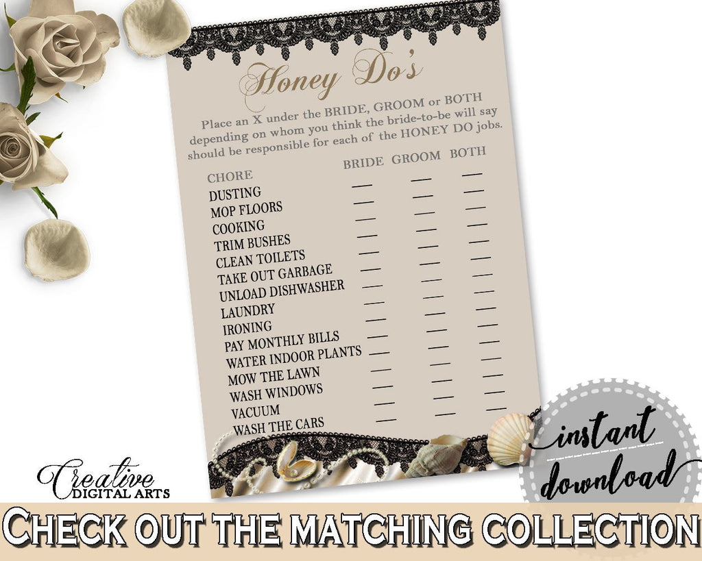 Honey Do List in Seashells And Pearls Bridal Shower Brown And Beige Theme, beloved game, black lace, shower activity, party theme - 65924 - Digital Product