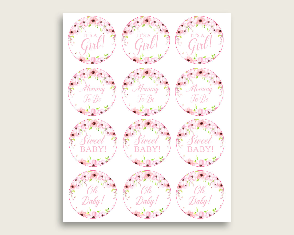 Flower Blush Cupcake Toppers, Pink Green Cupcake Wrappers, Toppers Wrappers Baby Shower Girl, Instant Download, Cute Flowers Flowers VH1KL