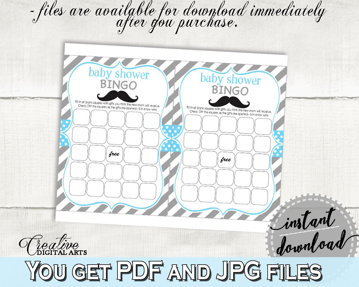 Bingo Gift Game, Baby Shower Bingo Gift Game, Mustache Baby Shower Bingo Gift Game, Baby Shower Mustache Bingo Gift Game Blue Gray 9P2QW - Digital Product