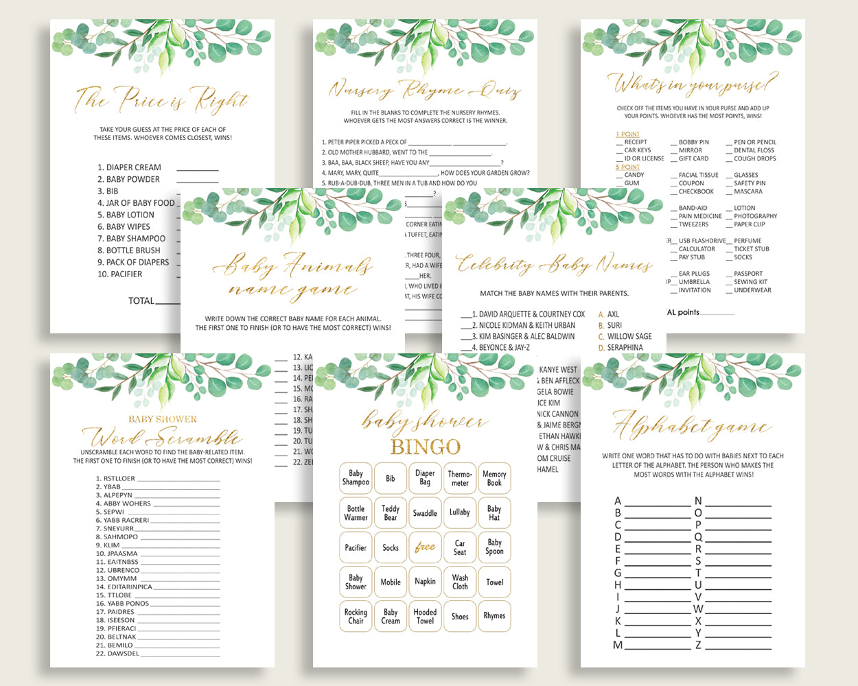 Greenery Baby Shower Games Printable Pack, Green Gold Baby Shower Games Package Gender Neutral, Greenery Games Bundle Set, Instant Y8X33