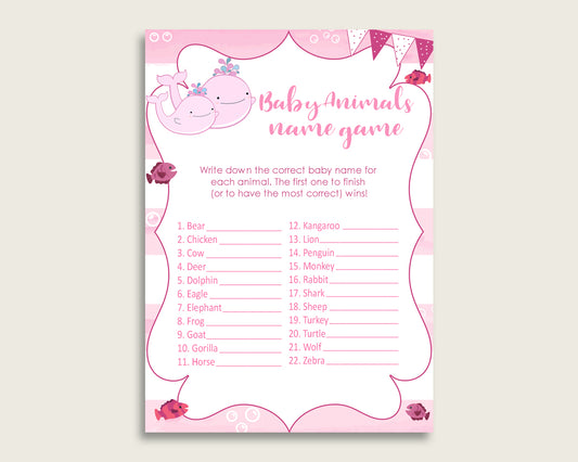 Pink Whale Name The Baby Animals Game Printable, Pink White Baby Shower Animal Game, Girl Baby Shower, Instant Download, Baby Whale, wbl02