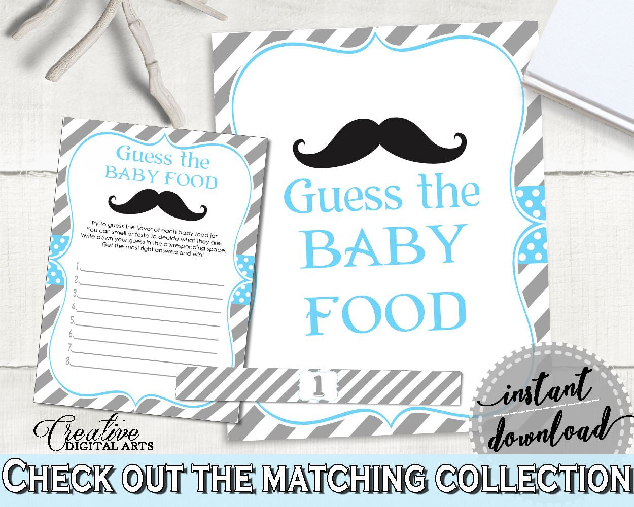 Blue Gray Baby Food Guessing, Baby Shower Baby Food Guessing, Mustache Baby Shower Baby Food Guessing, Baby Shower Mustache Baby Food 9P2QW - Digital Product