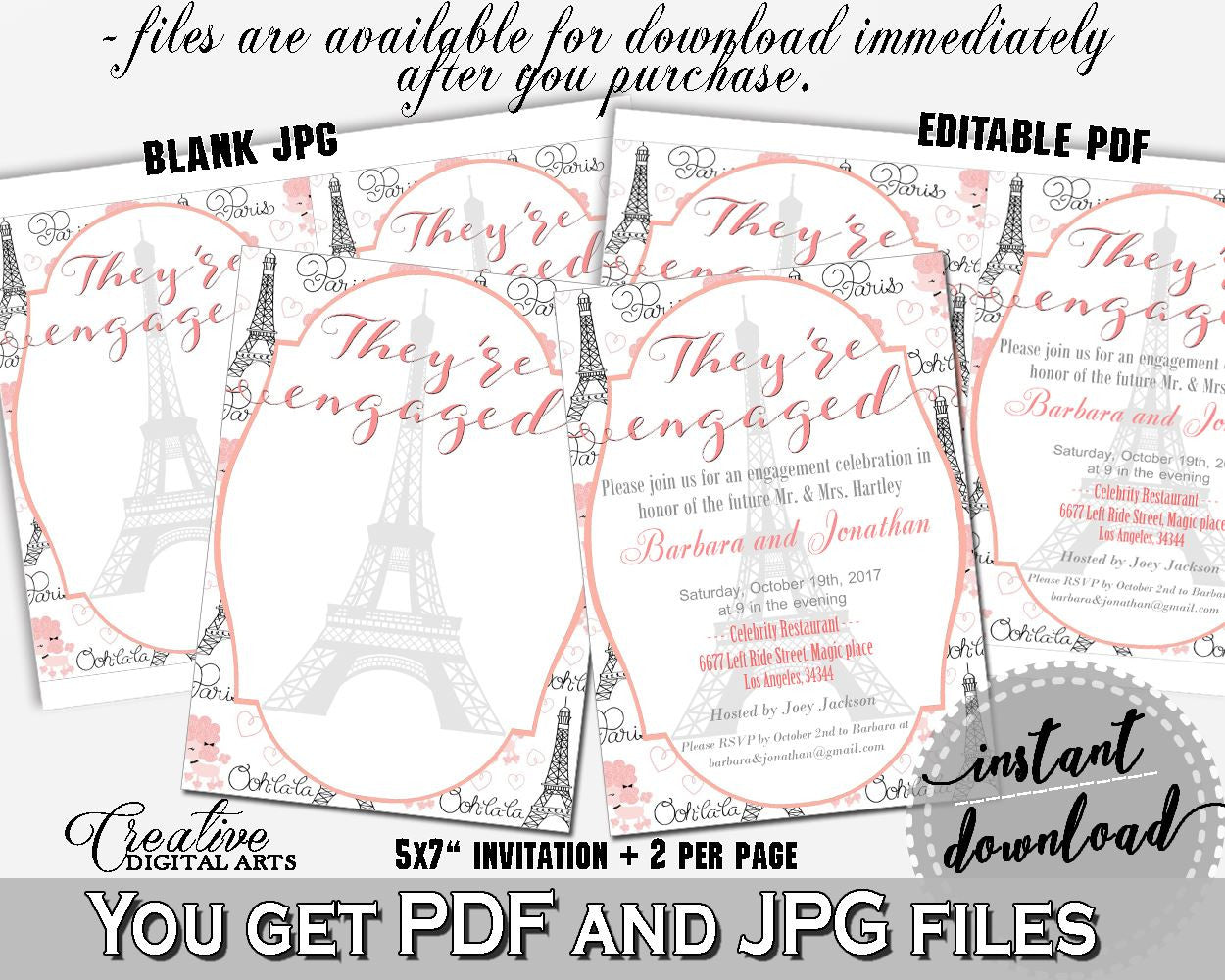 Paris Bridal Shower Engaged Invitation Editable in Pink And Gray, they're engaged, grey eiffel tower, party planning, party stuff - NJAL9 - Digital Product