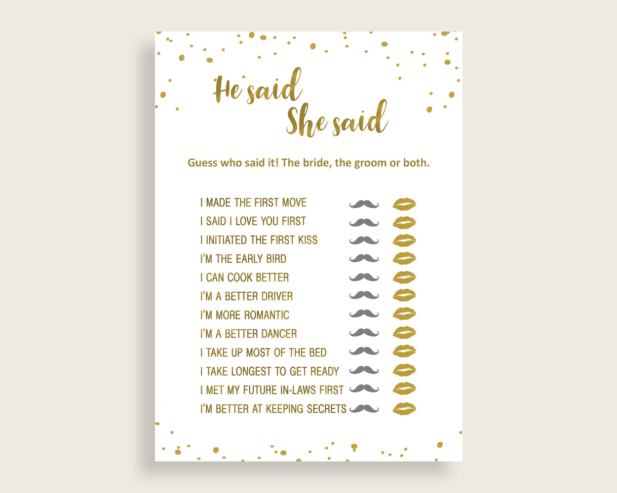 He Said She Said Game Bridal Shower He Said She Said Game Gold Bridal Shower He Said She Said Game Bridal Shower Gold He Said She Said G2ZNX